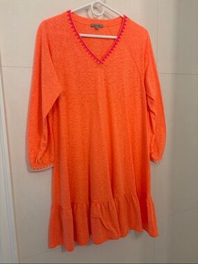 Lisa Todd Neon Orange V-Neck Ruffle Hem Dress/Beach Cover with Pink Trim.